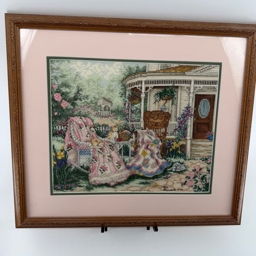 Vintage Helen Brownek 1999 Framed Cross Stitch Victorian Porch Quilt Garden Art